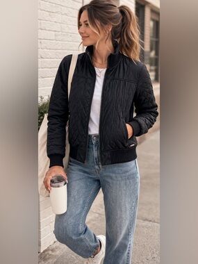 PrAna Quilted Bomber Jacket Women Black Zip Up Sherpa Lined Cozy XS